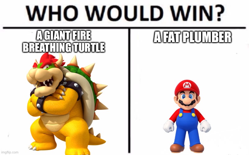 Mario be like | A GIANT FIRE BREATHING TURTLE; A FAT PLUMBER | image tagged in memes,who would win | made w/ Imgflip meme maker