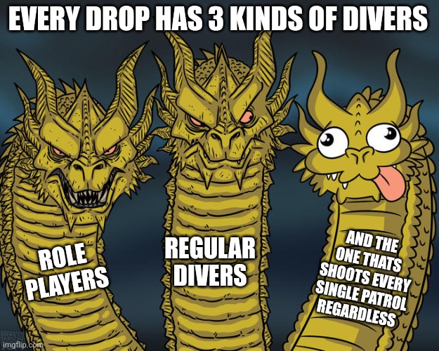 There are three kinds of divers | EVERY DROP HAS 3 KINDS OF DIVERS; AND THE ONE THATS SHOOTS EVERY SINGLE PATROL REGARDLESS; REGULAR DIVERS; ROLE PLAYERS | image tagged in three-headed dragon,helldivers | made w/ Imgflip meme maker