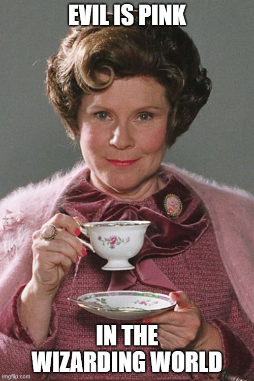 Pls hate umbridge | EVIL IS PINK; IN THE WIZARDING WORLD | image tagged in dolores umbridge | made w/ Imgflip meme maker