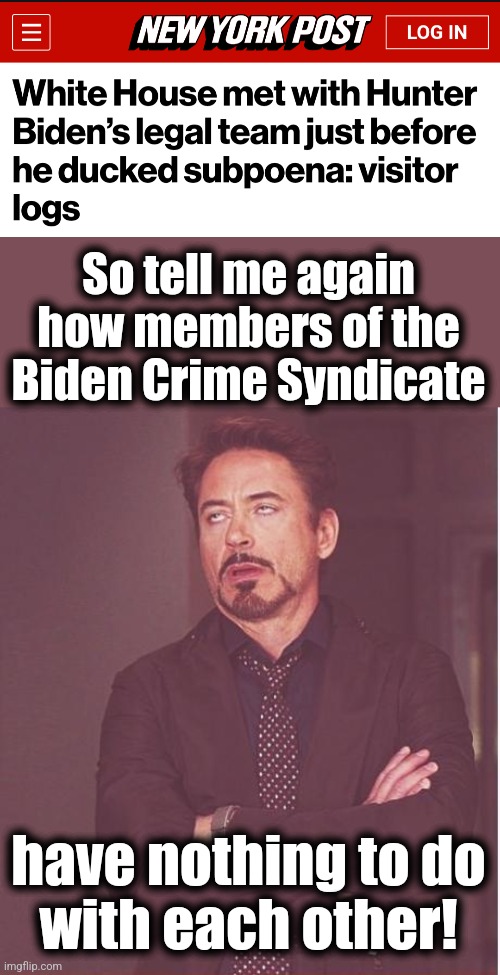 So tell me again how members of the Biden Crime Syndicate; have nothing to do
with each other! | image tagged in memes,face you make robert downey jr,biden crime syndicate,democrats,joe biden,corruption | made w/ Imgflip meme maker
