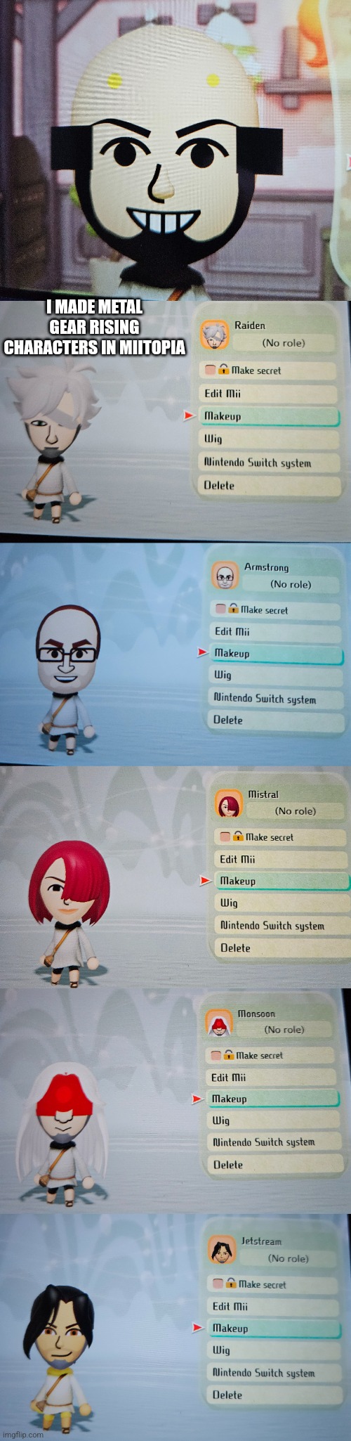 I had to use a different image of the Sundowner Mii because the original picture was blurry | I MADE METAL GEAR RISING CHARACTERS IN MIITOPIA | image tagged in metal gear rising,mii | made w/ Imgflip meme maker