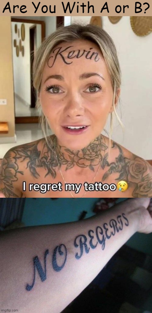 Regrets Or No Regerts? | Are You With A or B? | image tagged in fun,funny,regrets,no regrets,choices,life | made w/ Imgflip meme maker