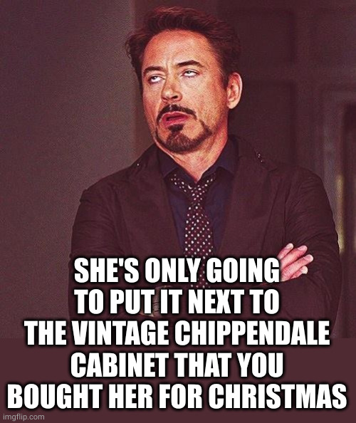 Robert Downey Jr Annoyed | SHE'S ONLY GOING TO PUT IT NEXT TO THE VINTAGE CHIPPENDALE CABINET THAT YOU BOUGHT HER FOR CHRISTMAS | image tagged in robert downey jr annoyed | made w/ Imgflip meme maker