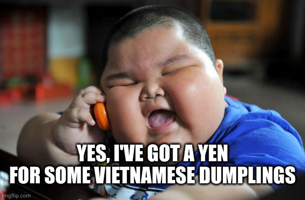 Fat Asian Kid | YES, I'VE GOT A YEN FOR SOME VIETNAMESE DUMPLINGS | image tagged in fat asian kid | made w/ Imgflip meme maker