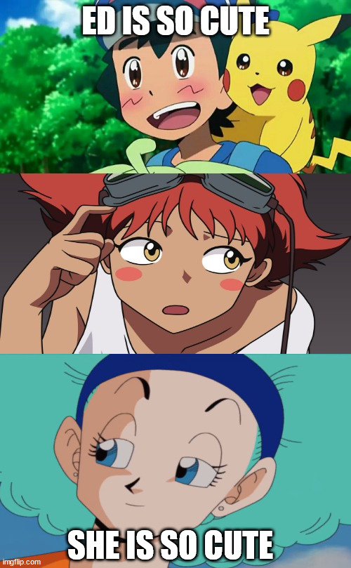 ash and bulma loves ed | SHE IS SO CUTE | image tagged in ash finds ed cute,pokemon,anime,animeme,dragon ball z,ash ketchum | made w/ Imgflip meme maker