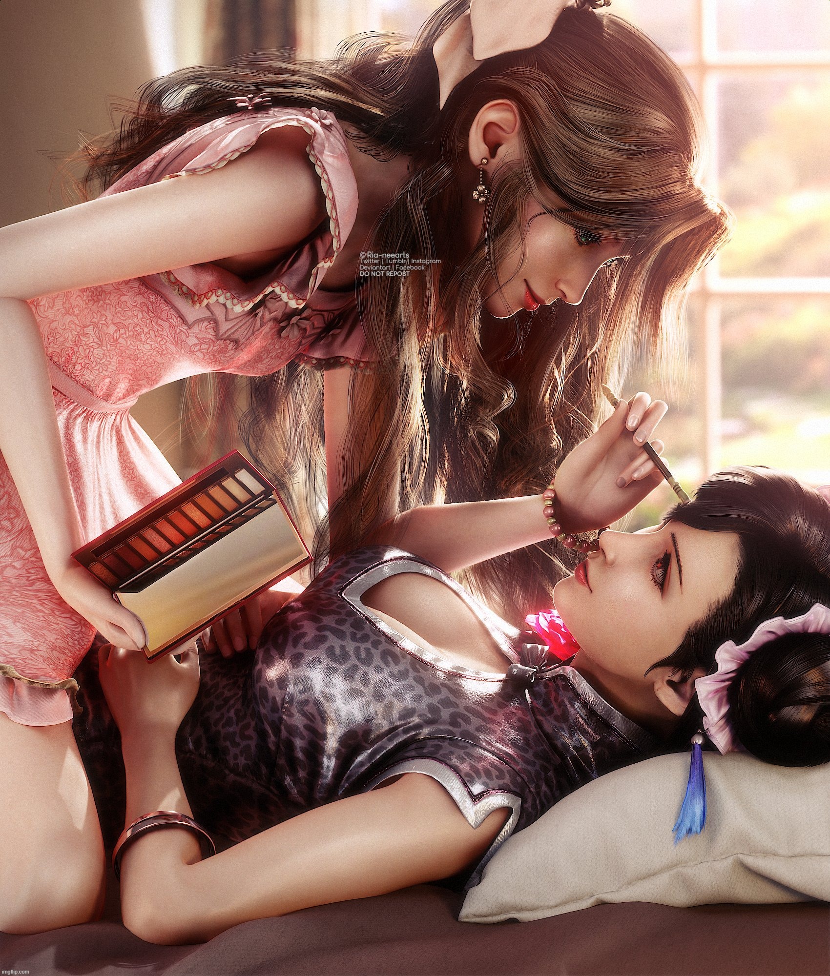I found a meme called "Lesbians doing makeup". It's pretty self explanatory as Aerith and Tifa demonstrate. xD | image tagged in final fantasy vii,aerith gainsborough,tifa lockhart | made w/ Imgflip meme maker