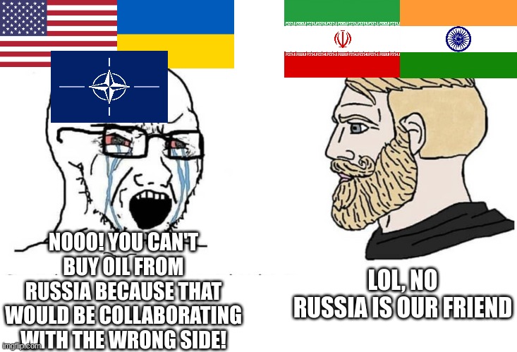 Friends with Russia | NOOO! YOU CAN'T BUY OIL FROM RUSSIA BECAUSE THAT WOULD BE COLLABORATING WITH THE WRONG SIDE! LOL, NO
RUSSIA IS OUR FRIEND | image tagged in soyboy vs yes chad,russia,india,iran,usa,nato | made w/ Imgflip meme maker