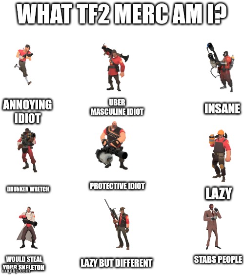 Please support my low self esteem! (Sorry to the mods about the bad grammar earlier today( if it applies to the grammar,) I just | WHAT TF2 MERC AM I? ANNOYING IDIOT; UBER MASCULINE IDIOT; INSANE; PROTECTIVE IDIOT; DRUNKEN WRETCH; LAZY; STABS PEOPLE; LAZY BUT DIFFERENT; WOULD STEAL YOUR SKELETON | image tagged in tf2,long,image,title | made w/ Imgflip meme maker