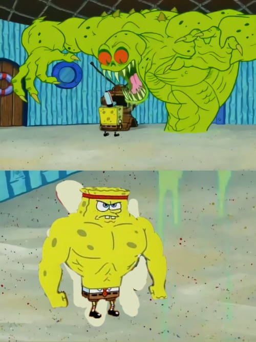 fierce spongebob against monster Blank Meme Template