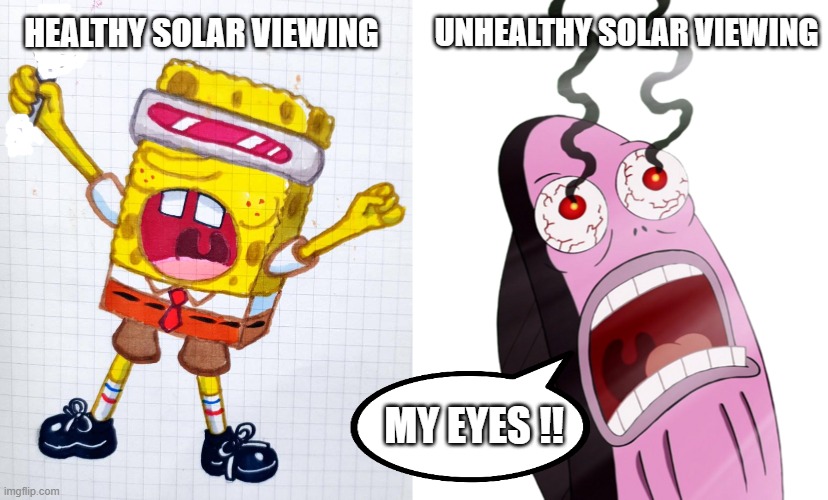 Solar Eclipse | UNHEALTHY SOLAR VIEWING; HEALTHY SOLAR VIEWING; MY EYES !! | image tagged in solar eclipse | made w/ Imgflip meme maker