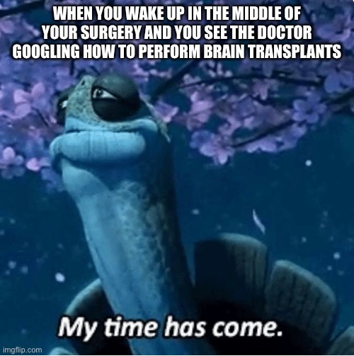 My Time Has Come | WHEN YOU WAKE UP IN THE MIDDLE OF YOUR SURGERY AND YOU SEE THE DOCTOR GOOGLING HOW TO PERFORM BRAIN TRANSPLANTS | image tagged in my time has come | made w/ Imgflip meme maker
