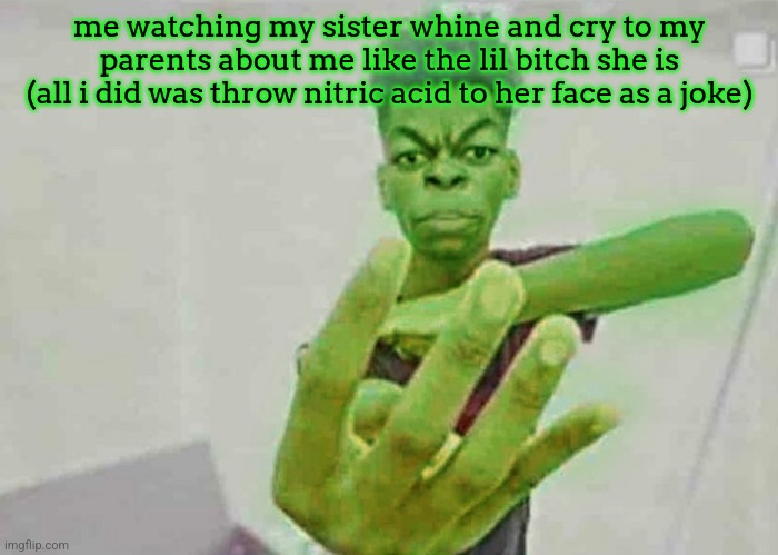 Beast Boy Holding Up 4 Fingers | me watching my sister whine and cry to my parents about me like the lil bitch she is
(all i did was throw nitric acid to her face as a joke) | image tagged in beast boy holding up 4 fingers | made w/ Imgflip meme maker