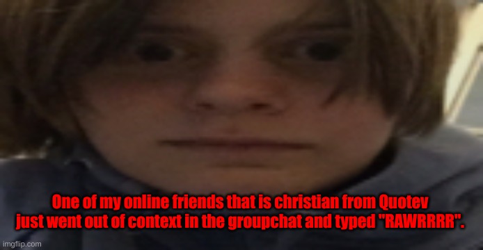 I dont even have an reaction for it | One of my online friends that is christian from Quotev just went out of context in the groupchat and typed "RAWRRRR". | image tagged in darthswede silly serious face | made w/ Imgflip meme maker