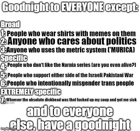 goodnight to everyone except | People who wear shirts with memes on them; Anyone who cares about politics; Anyone who uses the metric system ('MURICA); People who don't like the Narnia series (are you even alive?); People who support either side of the Israeli Pakistani War; People who intentionally misgender trans people; Whoever the absolute dickhead was that fucked up my soup and got me sick | image tagged in goodnight to everyone except | made w/ Imgflip meme maker