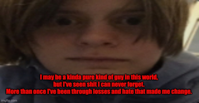 If I would have grown up without getting bullied, I wouldnt even be here today. | I may be a kinda pure kind of guy in this world, but I've seen shit I can never forget.
More than once I've been through losses and hate that made me change. | image tagged in darthswede silly serious face | made w/ Imgflip meme maker