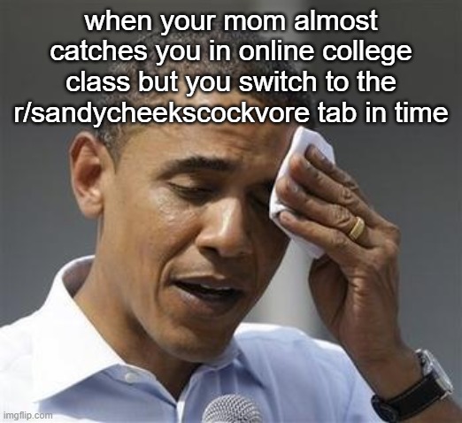 Phew Obama | when your mom almost catches you in online college class but you switch to the r/sandycheekscockvore tab in time | image tagged in phew obama | made w/ Imgflip meme maker