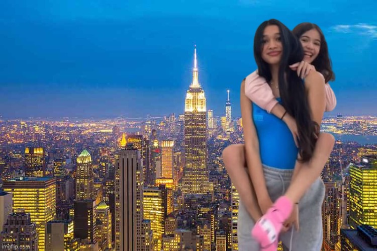 Giantesses Jasmine and Bella Mir | image tagged in giants,girls,sisters,new york city,deviantart,youtube | made w/ Imgflip meme maker