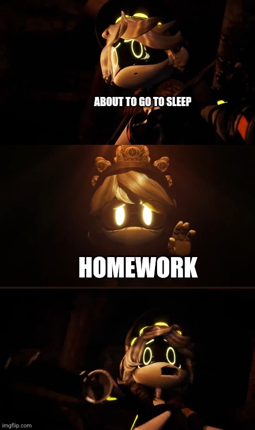 N Terrified | ABOUT TO GO TO SLEEP; HOMEWORK | image tagged in n terrified | made w/ Imgflip meme maker