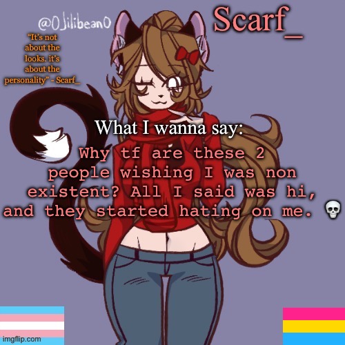 Scarf_ Announcement Template | Why tf are these 2 people wishing I was non existent? All I said was hi, and they started hating on me. 💀 | image tagged in scarf_ announcement template | made w/ Imgflip meme maker