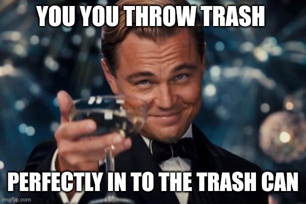 Leonardo Dicaprio Cheers Meme | YOU YOU THROW TRASH; PERFECTLY IN TO THE TRASH CAN | image tagged in memes,leonardo dicaprio cheers | made w/ Imgflip meme maker