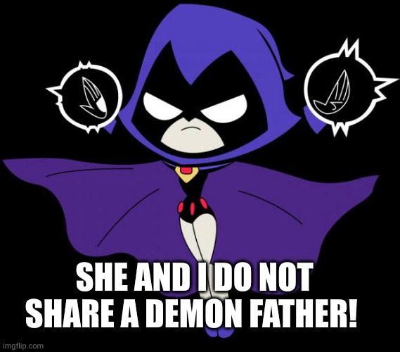 Teen Titans GO! Raven | SHE AND I DO NOT SHARE A DEMON FATHER! | image tagged in teen titans go raven | made w/ Imgflip meme maker