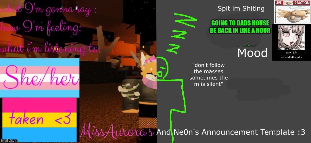 Aurora and neon's template! | GOING TO DADS HOUSE
BE BACK IN LIKE A HOUR | image tagged in aurora and neon's template | made w/ Imgflip meme maker