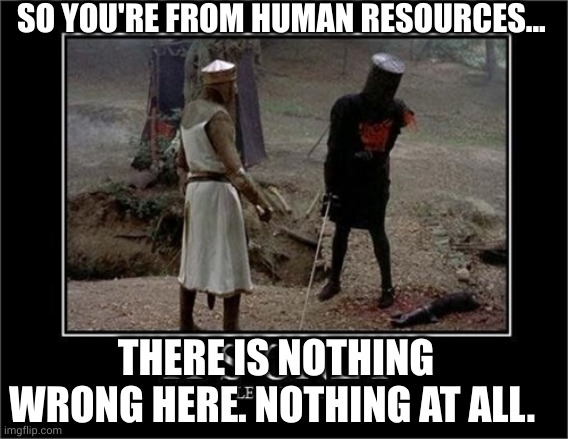 Nothing to see here, HR | SO YOU'RE FROM HUMAN RESOURCES... THERE IS NOTHING WRONG HERE. NOTHING AT ALL. | image tagged in flesh wound,office culture,hello human resources,memes,nothing to see here,monty python and the holy grail | made w/ Imgflip meme maker