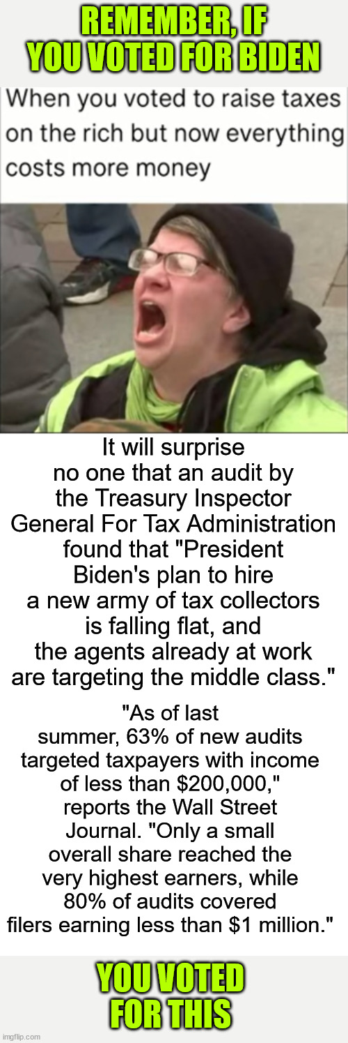 If you voted for Biden, you voted for this | REMEMBER, IF YOU VOTED FOR BIDEN; It will surprise no one that an audit by the Treasury Inspector General For Tax Administration found that "President Biden's plan to hire a new army of tax collectors is falling flat, and the agents already at work are targeting the middle class."; "As of last summer, 63% of new audits targeted taxpayers with income of less than $200,000," reports the Wall Street Journal. "Only a small overall share reached the very highest earners, while 80% of audits covered filers earning less than $1 million."; YOU VOTED FOR THIS | image tagged in biden,taxes,irs,middle class,audits | made w/ Imgflip meme maker