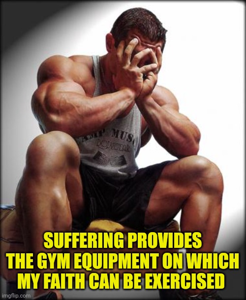 Depressed Bodybuilder | SUFFERING PROVIDES THE GYM EQUIPMENT ON WHICH MY FAITH CAN BE EXERCISED | image tagged in depressed bodybuilder | made w/ Imgflip meme maker