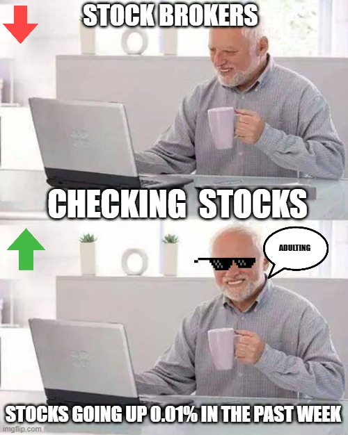 Hide the Pain Harold | STOCK BROKERS; CHECKING  STOCKS; ADULTING; STOCKS GOING UP 0.01% IN THE PAST WEEK | image tagged in memes,hide the pain harold | made w/ Imgflip meme maker