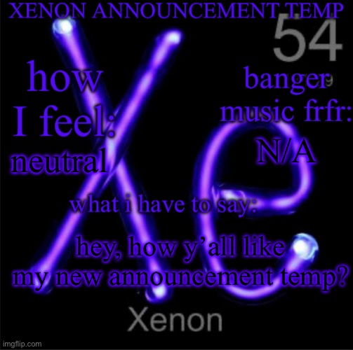 Rate it 1-10 | N/A; neutral; hey, how y’all like my new announcement temp? | image tagged in xenon | made w/ Imgflip meme maker