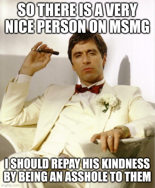 this is what y'all are like | SO THERE IS A VERY NICE PERSON ON MSMG; I SHOULD REPAY HIS KINDNESS BY BEING AN ASSHOLE TO THEM | image tagged in tony montana hd | made w/ Imgflip meme maker