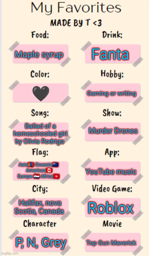I picked randomly for Asia in between Mongolia, Vietnam, SK, Cambodia and Thailand | Fanta; Maple syrup; Gaming or writing; 🖤; Murder Drones; Ballad of a homeschooled girl by Olivia Rodrigo; Asia🇲🇳 Oceania🇳🇿  Americas🇨🇦 Europe 🇳🇱 Africa🇹🇳; YouTube music; Halifax, nova Scotia, Canada; Roblox; P, N, Grey; Top Gun Maverick | image tagged in my favorites made by t | made w/ Imgflip meme maker