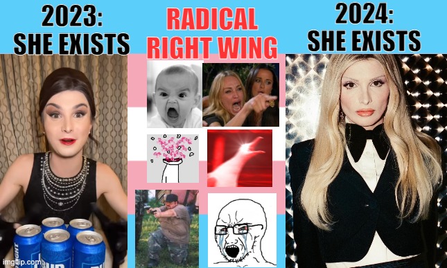 As Pride approaches again, I appreciate Dylan McDermott for persisting | 2023:
SHE EXISTS 2024:
SHE EXISTS RADICAL
RIGHT WING | image tagged in trans flag,trans,surviving | made w/ Imgflip meme maker