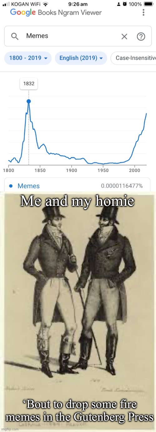 Memes in the 19th Century | Me and my homie; ‘Bout to drop some fire memes in the Gutenberg Press | image tagged in memes,rennaisance,homies | made w/ Imgflip meme maker