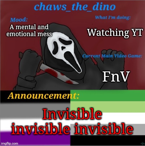 I also beat FnV today | Watching YT; A mental and emotional mess; FnV; Invisible invisible invisible | image tagged in chaws_the_dino announcement temp | made w/ Imgflip meme maker