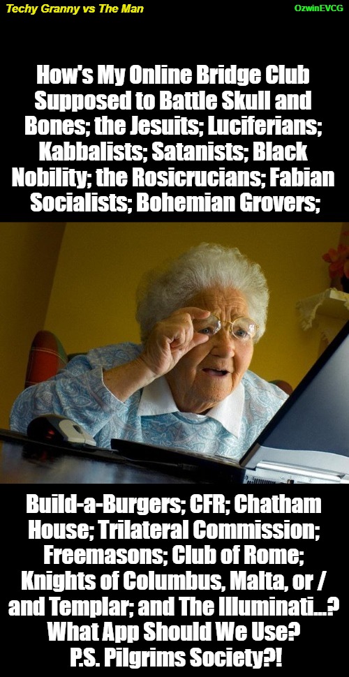 Techy Granny vs The Man [PSC] | OzwinEVCG; Techy Granny vs The Man; How's My Online Bridge Club 

Supposed to Battle Skull and 

Bones; the Jesuits; Luciferians; 

Kabbalists; Satanists; Black 

Nobility; the Rosicrucians; Fabian 

Socialists; Bohemian Grovers;; Build-a-Burgers; CFR; Chatham 

House; Trilateral Commission; 

Freemasons; Club of Rome; 

Knights of Columbus, Malta, or / 

and Templar; and The Illuminati...? 

What App Should We Use? 

P.S. Pilgrims Society?! | image tagged in grandma finds the internet,political comedy,information overload,power pyramid,online research,secret societies | made w/ Imgflip meme maker