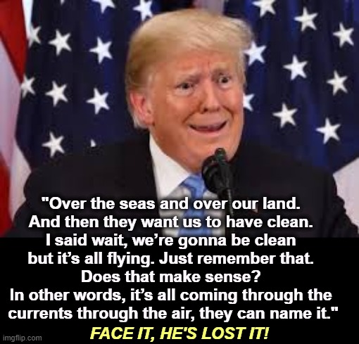 Direct verbatim quote: | "Over the seas and over our land. 
And then they want us to have clean. 
I said wait, we’re gonna be clean 
but it’s all flying. Just remember that. 
Does that make sense? 
In other words, it’s all coming through the 
currents through the air, they can name it."; FACE IT, HE'S LOST IT! | image tagged in trump dilated and taken aback,trump,mental illness,senile,dementia | made w/ Imgflip meme maker