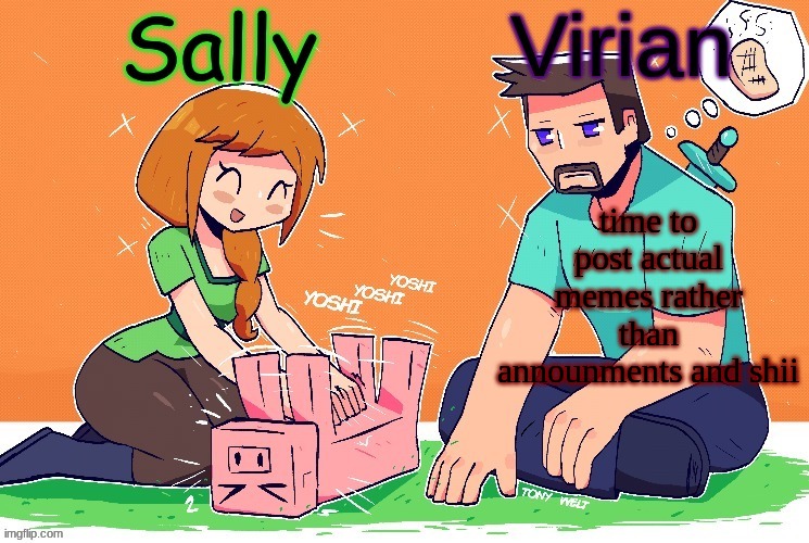 Virian and Sally shared temp | time to post actual memes rather than announments and shii | image tagged in virian and sally shared temp | made w/ Imgflip meme maker