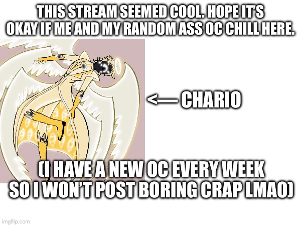 Idk just wanted to say hello =) | THIS STREAM SEEMED COOL. HOPE IT’S OKAY IF ME AND MY RANDOM ASS OC CHILL HERE. <— CHARIO; (I HAVE A NEW OC EVERY WEEK SO I WON’T POST BORING CRAP LMAO) | image tagged in die | made w/ Imgflip meme maker