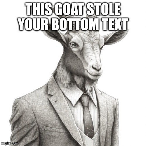 THIS GOAT STOLE YOUR BOTTOM TEXT | image tagged in bottom text | made w/ Imgflip meme maker