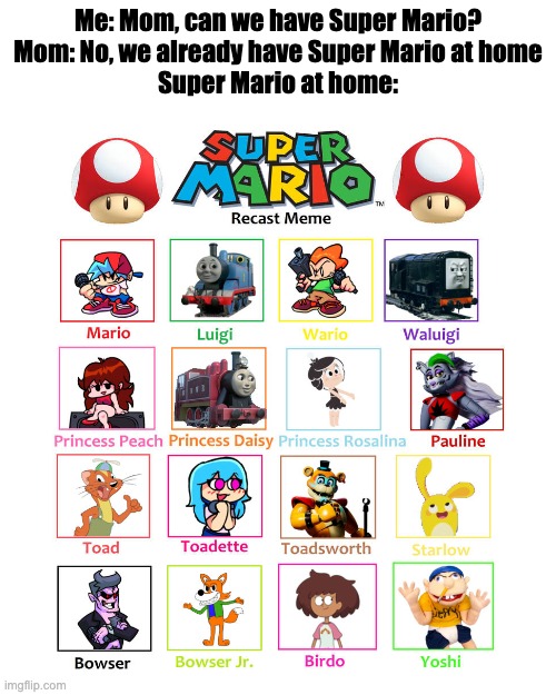 "We have Mario at home" | Me: Mom, can we have Super Mario?
Mom: No, we already have Super Mario at home
Super Mario at home: | image tagged in gaming,super mario,unfunny,cringe,cursed image,oh god why | made w/ Imgflip meme maker