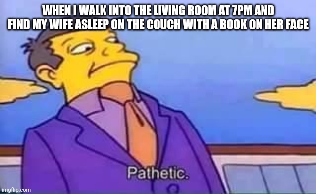 Skinner pathetic | WHEN I WALK INTO THE LIVING ROOM AT 7PM AND FIND MY WIFE ASLEEP ON THE COUCH WITH A BOOK ON HER FACE | image tagged in skinner pathetic | made w/ Imgflip meme maker