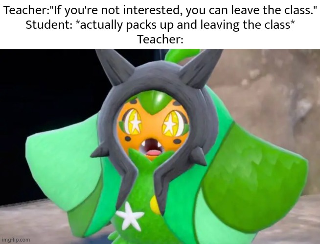 Welp, that was good idea. | Teacher:"If you're not interested, you can leave the class."
Student: *actually packs up and leaving the class*
Teacher: | image tagged in funny,teacher,student,leaves | made w/ Imgflip meme maker