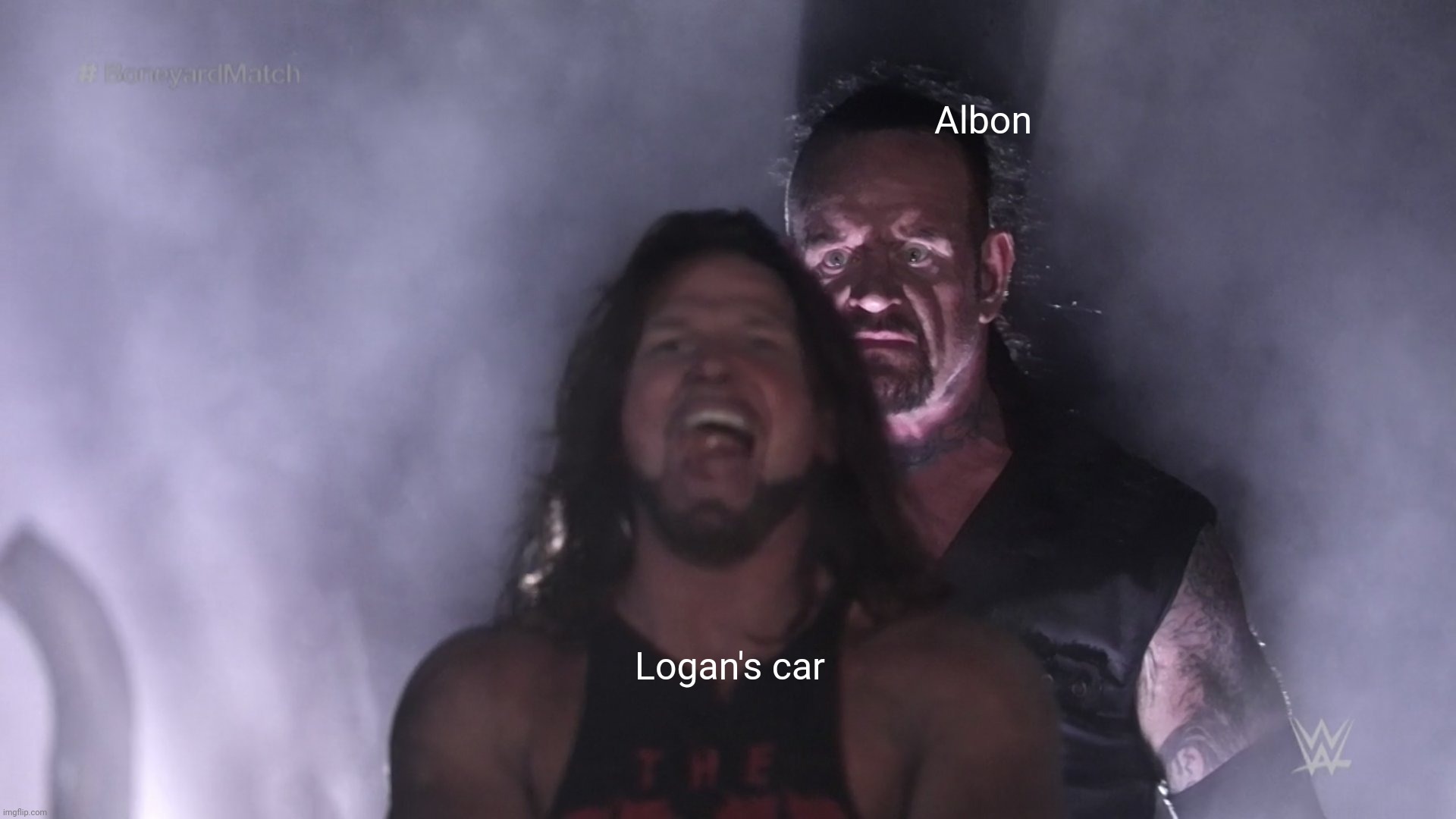 Undertaker teleports behind AJ Styles | Albon; Logan's car | image tagged in undertaker teleports behind aj styles,formula 1,car,logan | made w/ Imgflip meme maker