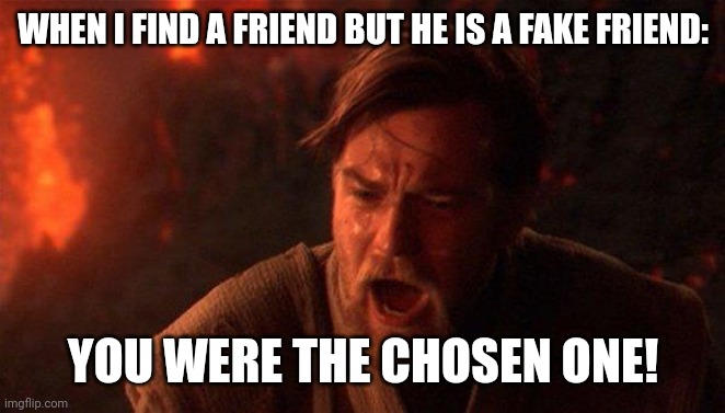 Fake friends kenobi | WHEN I FIND A FRIEND BUT HE IS A FAKE FRIEND:; YOU WERE THE CHOSEN ONE! | image tagged in memes,you were the chosen one star wars | made w/ Imgflip meme maker