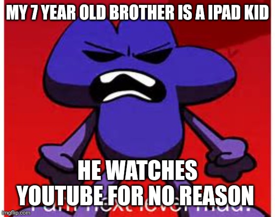 I hate my brother | MY 7 YEAR OLD BROTHER IS A IPAD KID; HE WATCHES YOUTUBE FOR NO REASON | image tagged in next level mad | made w/ Imgflip meme maker