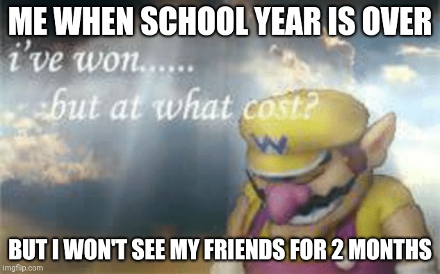 I've won but at what cost? | ME WHEN SCHOOL YEAR IS OVER; BUT I WON'T SEE MY FRIENDS FOR 2 MONTHS | image tagged in i've won but at what cost | made w/ Imgflip meme maker