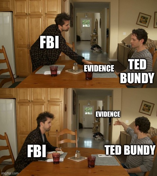 Plate toss | FBI; TED BUNDY; EVIDENCE; EVIDENCE; FBI; TED BUNDY | image tagged in plate toss | made w/ Imgflip meme maker