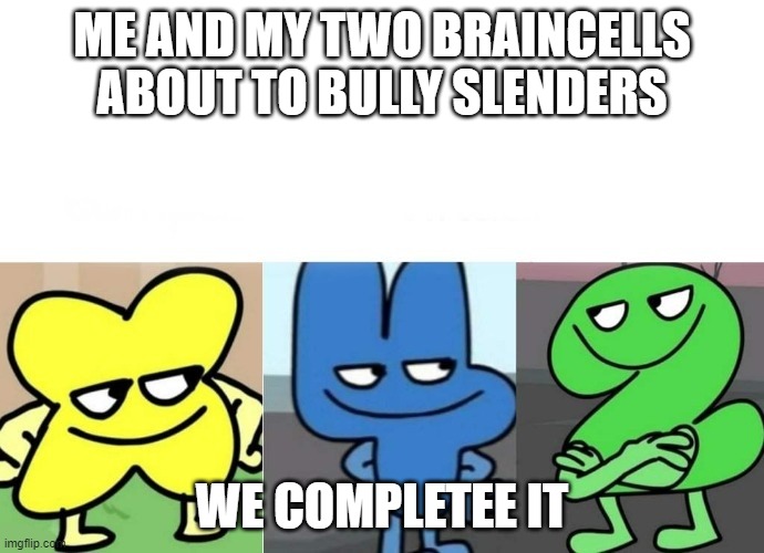 BFB Smug | ME AND MY TWO BRAINCELLS ABOUT TO BULLY SLENDERS; WE COMPLETEE IT | image tagged in bfb smug | made w/ Imgflip meme maker